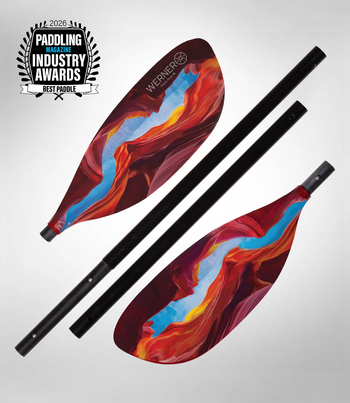 Two colorful kayak paddles with a 'Paddling Industry Awards' logo on a gray background