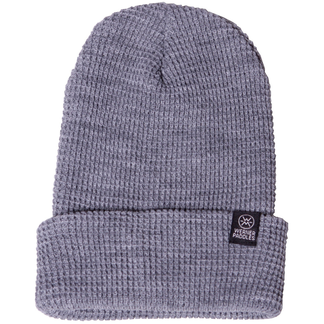 A gray waffle knit beanie with a Werner Paddles logo logo on the cuff.