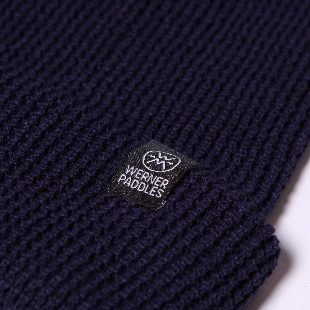 werner waffle knit beanie in navy logo detail